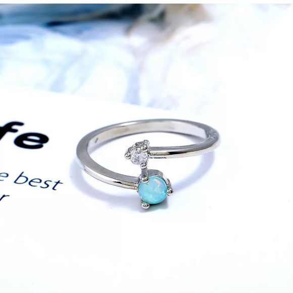 925 Sterling Silver Opal Cubic Zirconia Open Ring - Picture 6 of 8